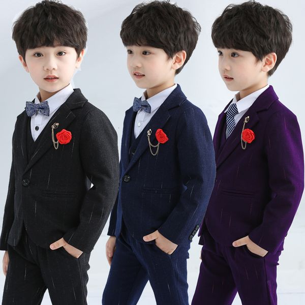 

new fashion boys suits flower kids slim blazer jacket vest pants 3pcs clothing set children wedding party performance costume, White
