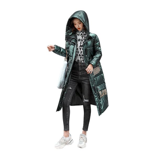 

women x-long winter jacket glossy hooded windproof warm bio down coat oversize cotton padded parkas casaco feminino, Black