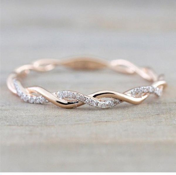 

wedding rings jewelry new style round diamond rings for women thin rose gold color twist rope stacking in stainless steel, Silver