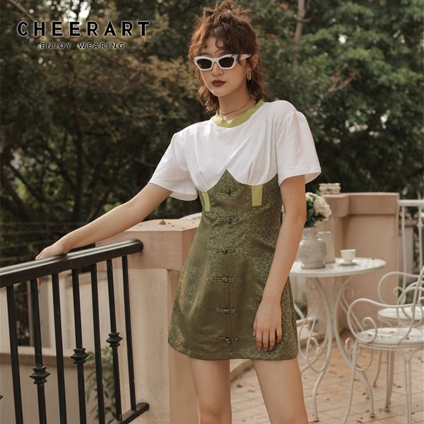 

cheerart designer summer t shirt dress women vintage tunic frog button patchwork mini dress green short clothing, Black;gray