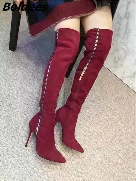 

new design suede rope cross strap long booties women cut-out stiletto heel pointed toe over the knee high boots, Black