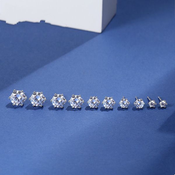 

s925 sterling silver classic six-claw zircon earrings women's fashion korean style heart-shaped diamond-encrusted small earrings silver, White