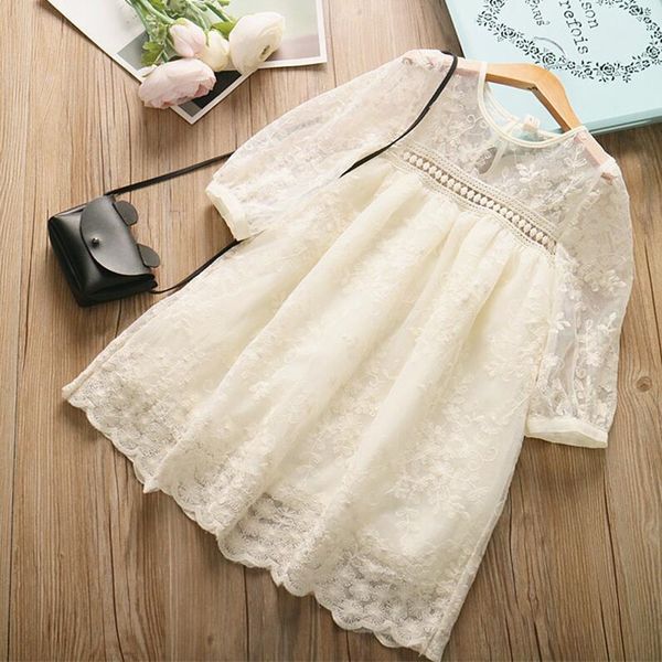 

girls' embroidered spring and summer new children's soft lace mid-sleeve princess dress, Red;yellow