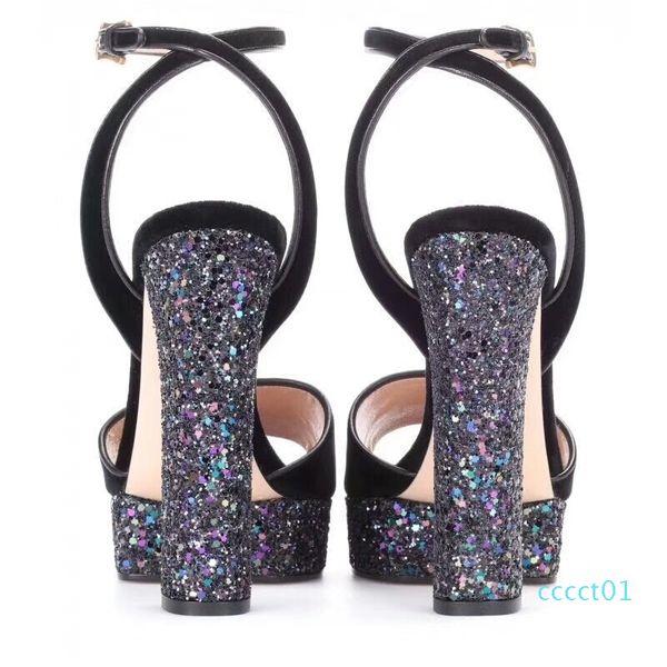 

new arrival 2020 designer little bees glitter high platform heels shoes strap sheepskin ladies sandals ct01, Black