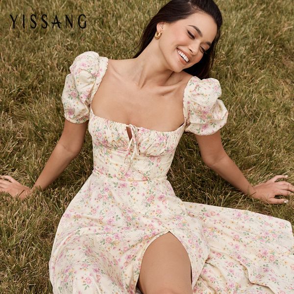 

yissang lace floral print summer dress women ruched short puff sleeve split midi long party dresses female sundress 2020, Black;gray
