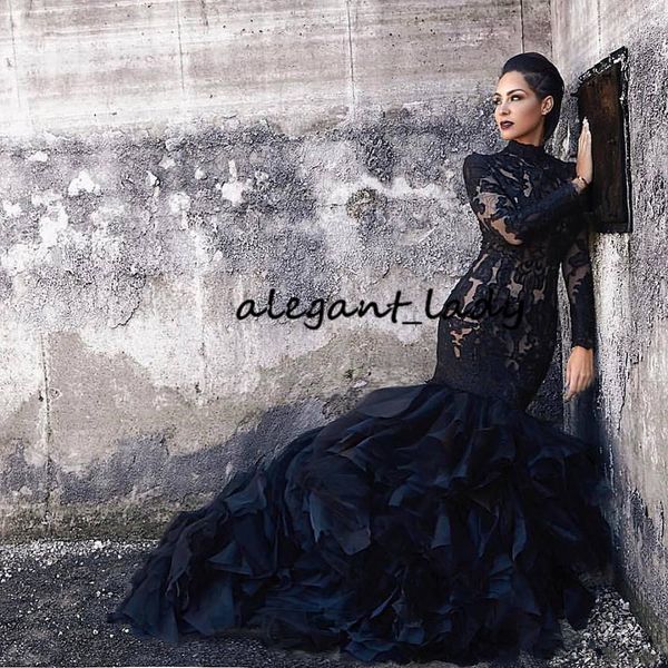 

black mermaid lace wedding dresses with long sleeves high neck ruffles skirt women non white gothic lds bridal gowns with color couture