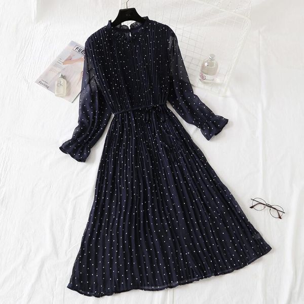 

polka dot print women chiffon pleated dress sweet flare sleeve party dresses casual loose lady office midi dress vestidos mujer, Black;gray