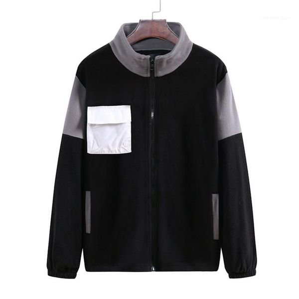 

hoodies jackets autumn winter contrast color patchwork stand collar zipper fly short coats men high street fashion jackets mens plush pocket, Black;brown