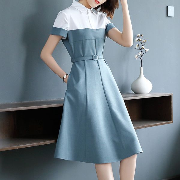 

Womens Dress 2019 Summer New Fashion Short-sleeved Stitching Lapels Dress Slim Waist Professional Temperament Dress