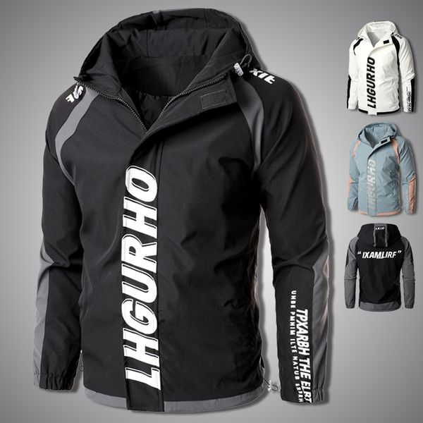 

new men windbreaker jacket 2020 fashion zipper hooded cargo jackets mens letter print hip hop coat outerwear clothing, Black;brown