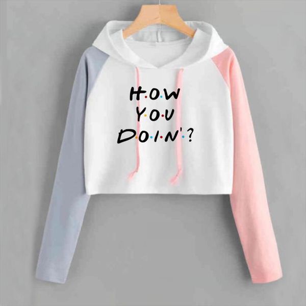 

crop hoodie women pullovers friends tv how you doin printed funny hoodies women harajuku pink white patchwork pullover outwear, Black