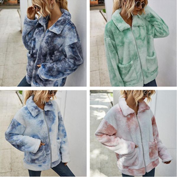 

warm fleece women's winter jacket coats ladies plush furry coat fashion with pocket zipper outwear luxurys boutique clothes ly82402, Blue;gray