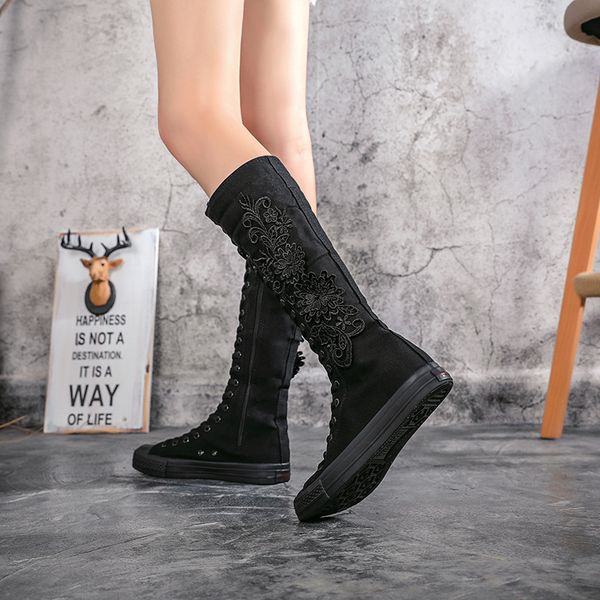 

2020 autumn breathable boots women side zipper front lace-up canvas shoes fashion wild high long-tube boots dance shoes, Black