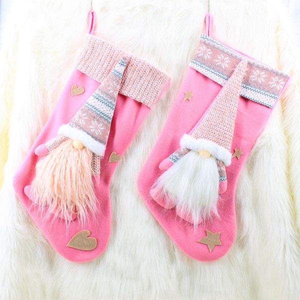

pink christmas stocking faceless doll flannel christmas hanging decorative stocking xmas tree hanging pink pendant doll