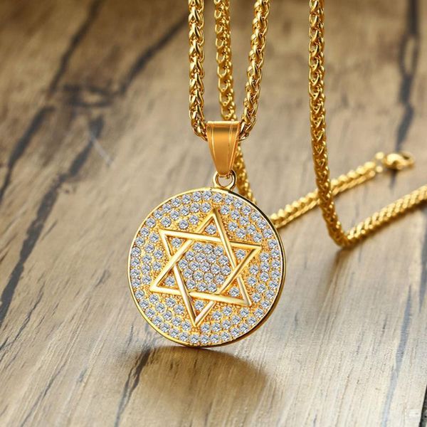 

stainless steel gold hip hop star of david crystal pendant necklace cz stone pave six-pointed star israel jewelry for men women, Silver