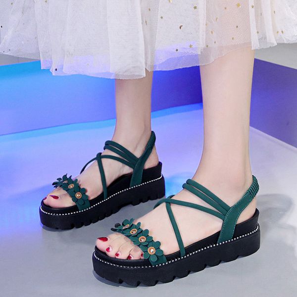 

5cm newly women casual flower platform sandals slip-on daily beach travel sandals shoes woman, Black