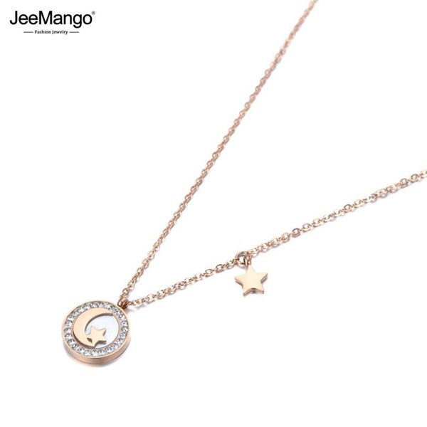 

jeemango vintage design stainless steel cz crystal star & moon pendant necklaces trendy shell chain necklace for women jn19117, Silver