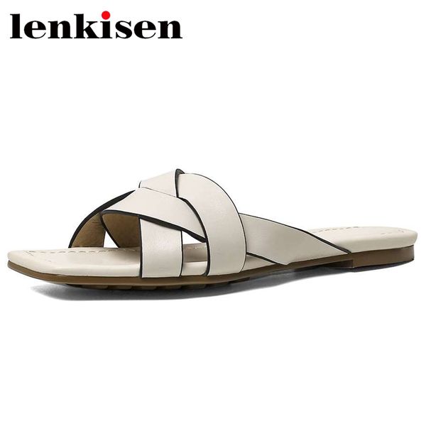 

lenkisen genuine leather outside slipper peep toe low heel comfortable young lady daily wear slip on convenient shoes women l77, Black