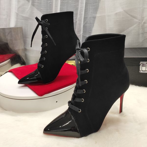 

knockout2020 suede extra size 34-45 lace up black leather patchwork thin high heels elegant women winter ankle boots