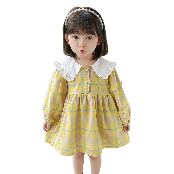 

girls' dress 2020 autumn korean girl long-sleeved plaid dress my-6073 yellow 2-7 years old, Red;yellow
