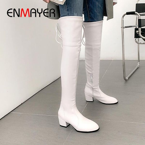 

enmayer white high lace-up над коленом high boots круглого toe квадратного каблук зима бедро сапоги на молнии твердая обувь коротких плюшево, Black