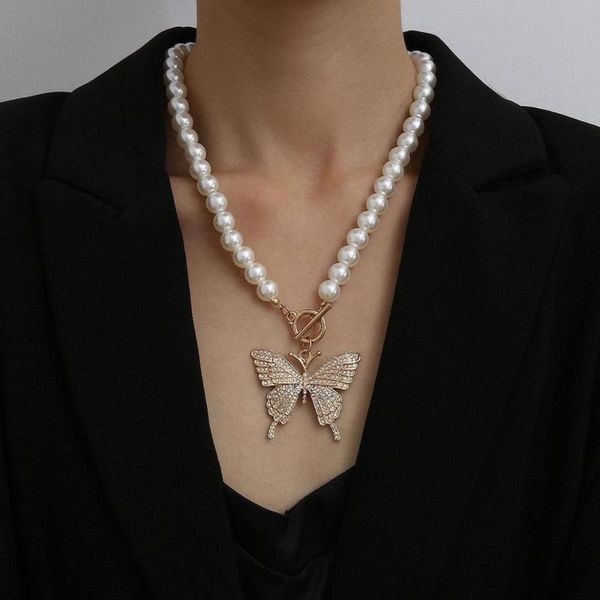 

butterfly pearl pendant necklace hip hop punk chain choker charm aesthetic gothic zircon necklace for women girls jewelry, Silver