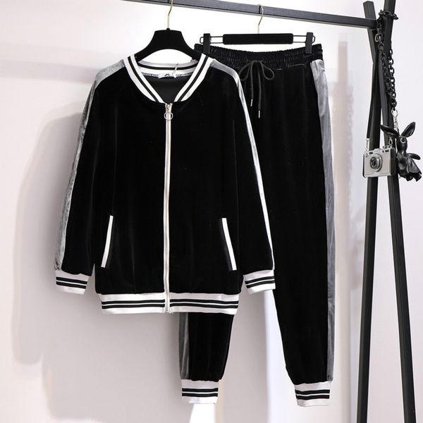 

plus size women's fat mm2020 autumn new sweater casual pants gold velvet two-piece slim fashion women's tracksuits asian size 2xl, Gray