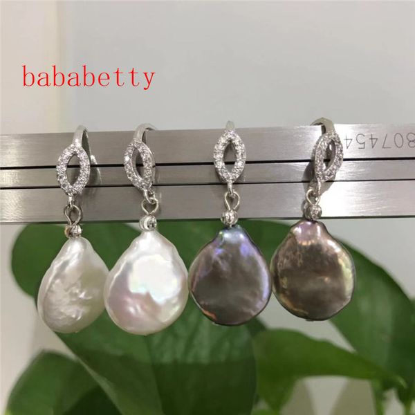 

new natural freshwater irregular pearl white grey 12-14mm coin shape pearl earrings gift, Silver