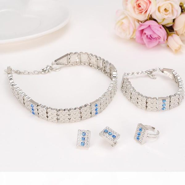 

women new full ethiopian jewelry white neck chain necklace bracelet earring ring sets 24k white gold cz green blue red, Black