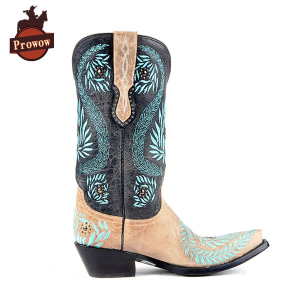 

prowow women western cowboy boots genuine leather handmade patchwork high heels suture pointed toe corral mid-calf ladies boots, Black