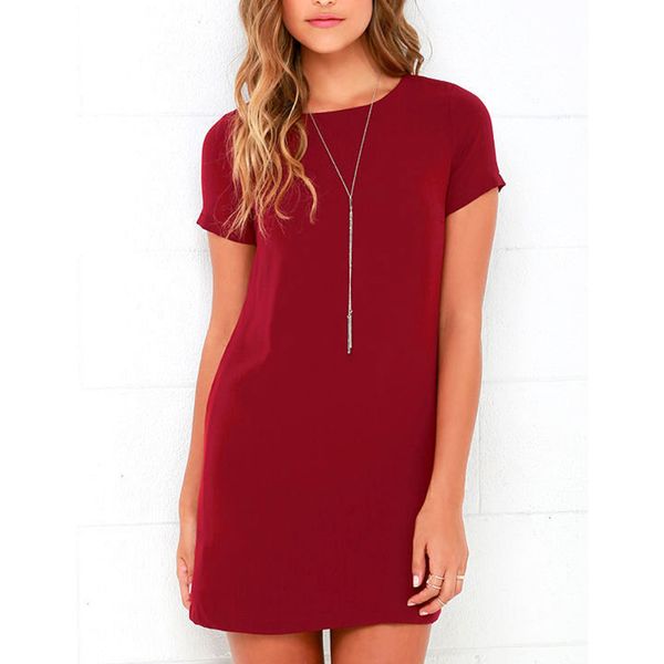 

2020 summer fashion solid simple style straight shift dress woman o-neck short sleeve casual dresses party mini dresses, White;red