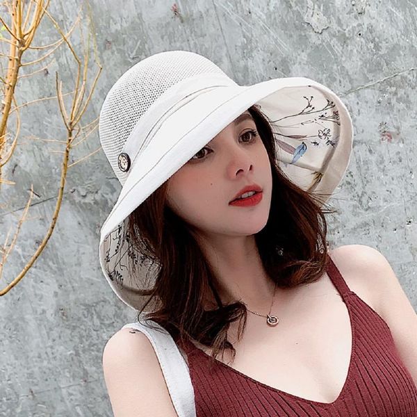 

summer big wide brim flower sun hat for women mesh uv protection beach hat female net foldable sun hats lady's bucket, Blue;gray