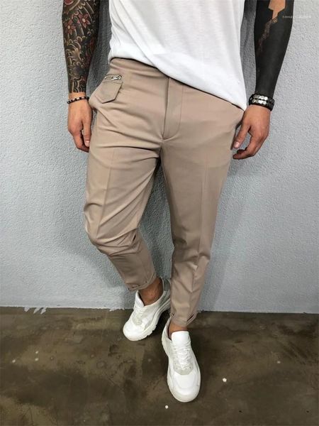 

casual mid waist capris pants button fly pants with pockets mens designer solid color pencil pants, Black