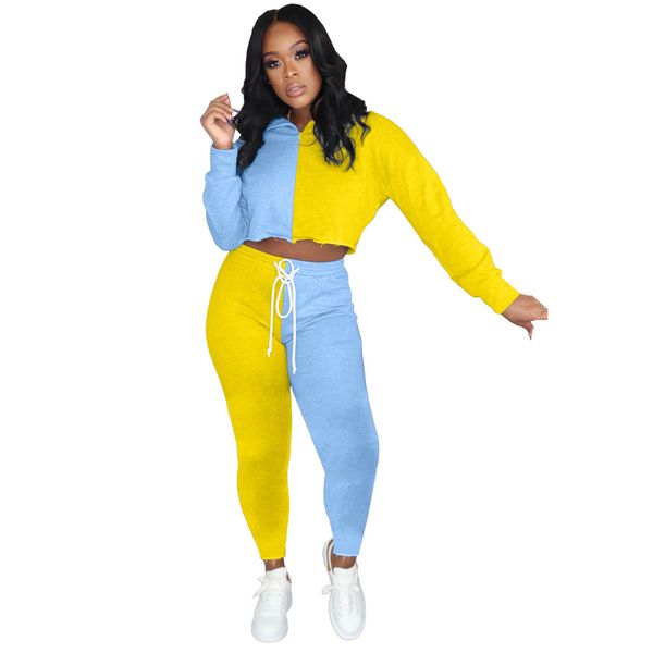 

women panelled two piece pants long sleeve hooded tshirt lace up pencil pants famale contrast color 2pcs clothing suit, White