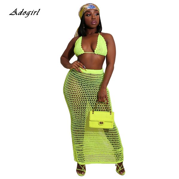 AdogirIl Sexy Women See-through Two Parte Set Dress Bikini Cover up Knit Rib Crop Top + Saias Bottoms Beach Swimwear Club Outfit