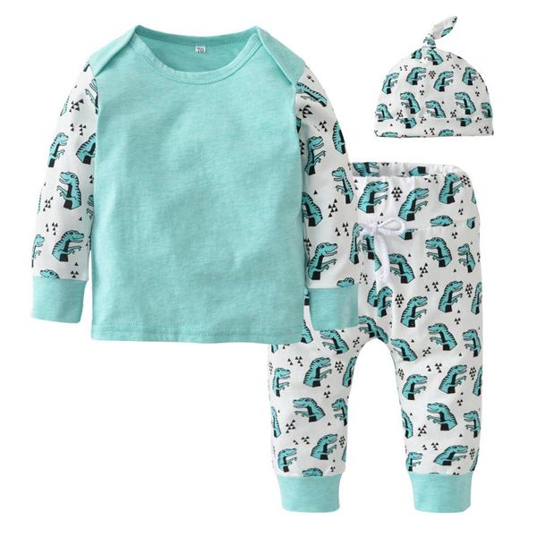 

baby boys clothes set 2020 new autumn newborn baby girl clothing cartoon dinosaur printing long sleeve t shirt+pant+hat, White
