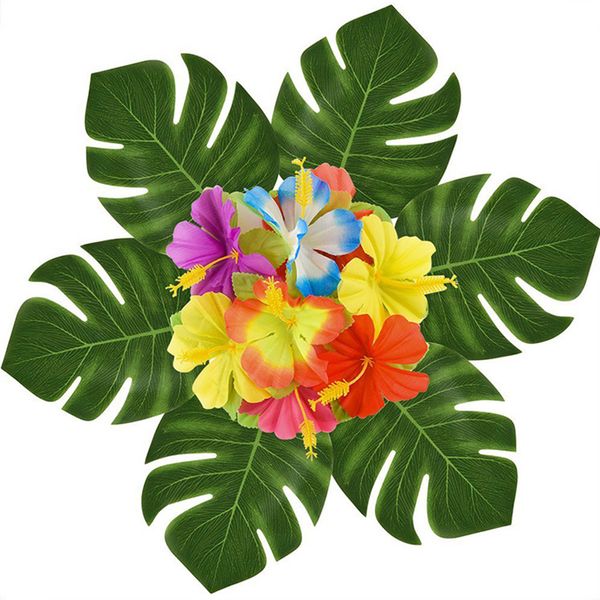 

60pcs party hibiscus flower turtle leaf artificial plant set tropical decoration
