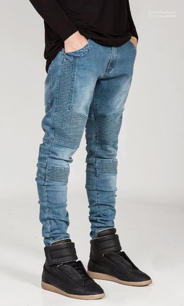 

2020 spring mens pleated jeans patchwork solid washed casual male trousers straight daily boys pencil pants with pockets, Blue