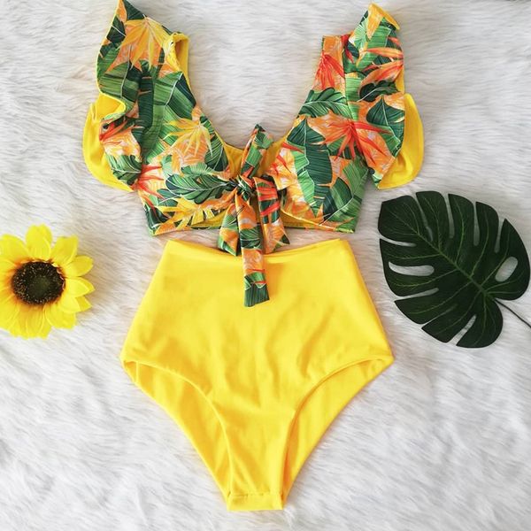 

Floral Ruffled Hem Bikini Set Women Flora V-Neck High-Waisted Two Piece Swimsuit 2020 Girl Beach Bathing Suit Swimwear Biquinis