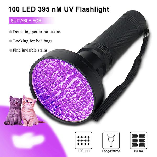Taschenlampen, Taschenlampen, UV-Schwarzlicht, 100 LEDs, 395 nm, UV-Taschenlampe, Schwarzlicht-Detektor für trockene Haustiere, Urin, Haustier, Flecken, Bett, Insekten, Batterie