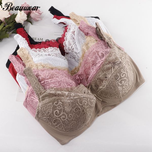 

beauwear bras women lace perspective bra full coverage lingerie underwire floral bralette plus size bh d dd e cup 34-44, Red;black