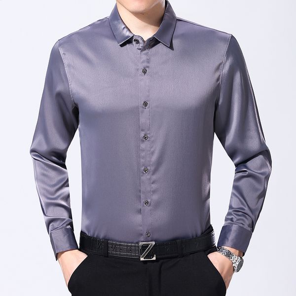 

men's casual shirts mens silk shirt fashion solid color male long sleeve wedding social clothing, White;black