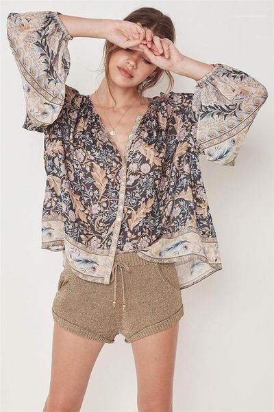 

bohemian style loose print panelled womens designer shirts casual females clothing floral print womens casual shirts fashion, White