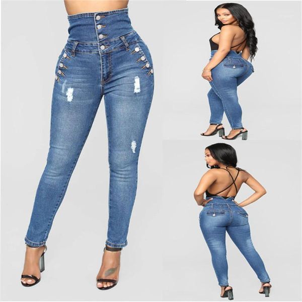 

jeans casual washed slim elasticity high waist button pencil pants fashion women jeans hole designer womens, Blue