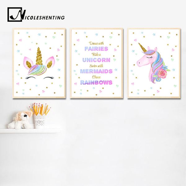 

watercolor unicorn baby nursery wall art canvas poster and print painting nordic kids decoration picture children bedroom decor