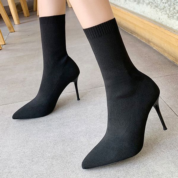 

women autumn and winter socks boots stiletto ladies 7cm 9cm high-heeled boot pointed toe 3 color option ladies shoes, Black