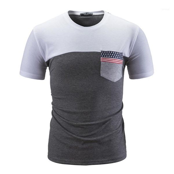 

casual slim mens short sleeve tees mens designer national flag pocket tshirts summer crew neck patchwork, White;black