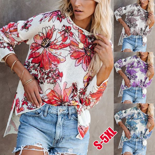 

floral printed knitting long sleeve blouse women casual loose o-neck large size 2020 autumn female blouse 5xl plus size, White