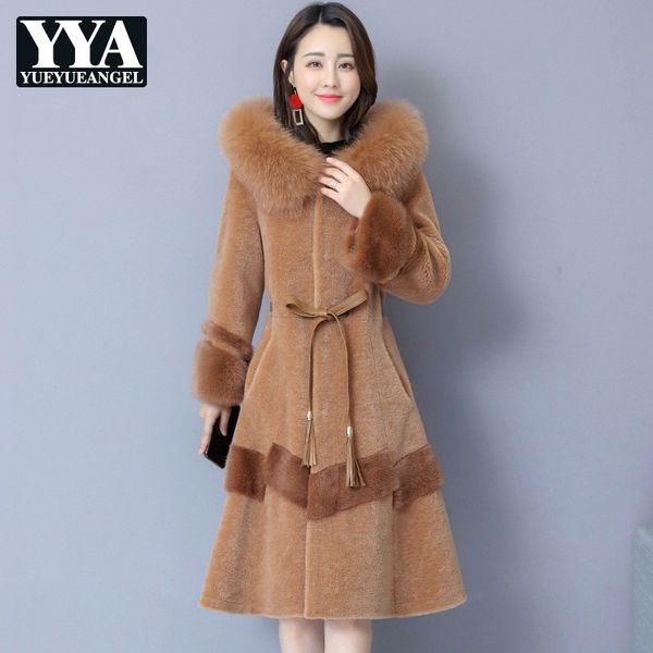 

women's fur & faux winter women elegant long coat belted slim fit collar hoody overcoat office lady hairy sheep outwear, Black