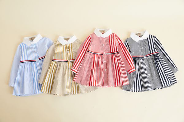 

fall girls stripe dress preppy style kids lapel long sleeve pleated dress children stripe cotton dress a4048, Red;yellow